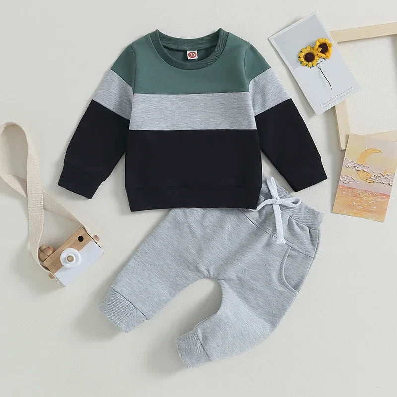 Green and gray baby autumn suit set with pullover and pants.