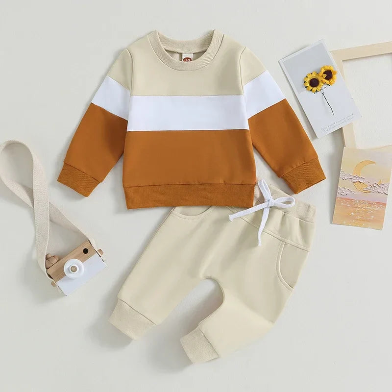 Brown and beige baby autumn suit set with pullover and pants.