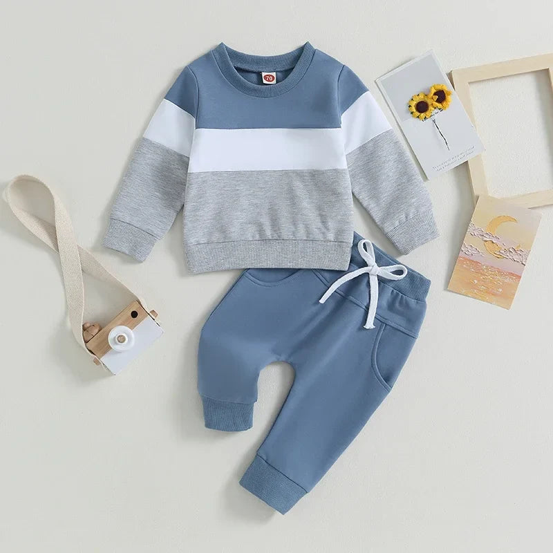 Blue and gray baby autumn suit set with pullover and pants.
